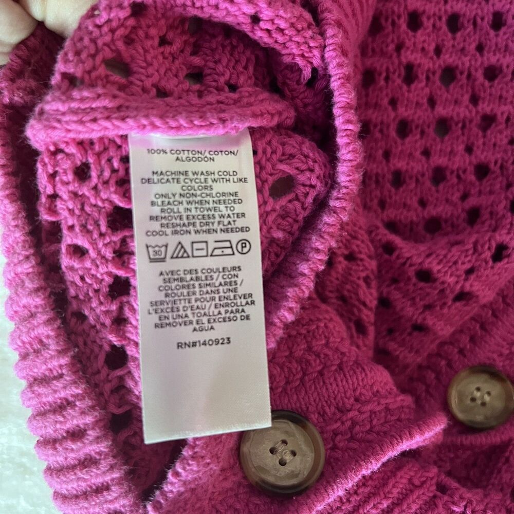 LOFT Womens XL Pink Pointelle Open Knit Cotton Cardigan Button V Neck Cropped - Picture 5 of 7